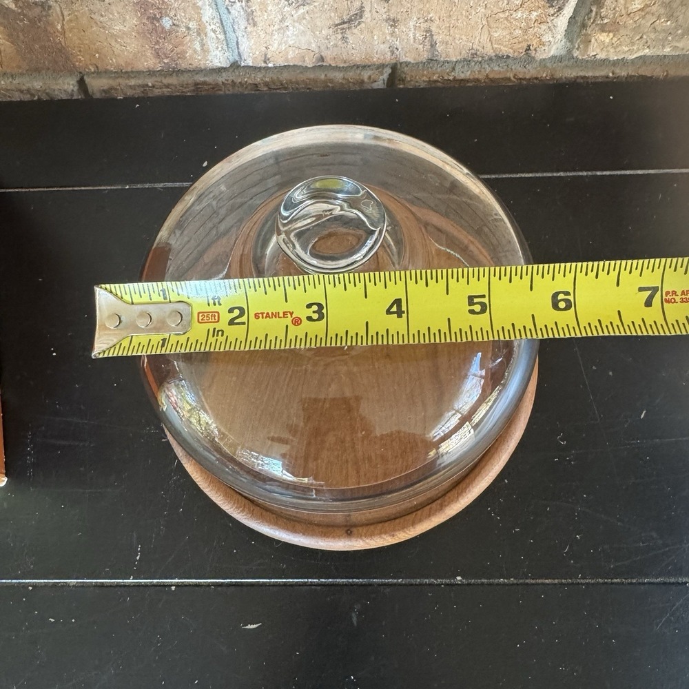 Vintage Teak Wood Cheese Board / Cake Stand w/Glass Cloche Dome Mid-Century - Picture 7 of 8